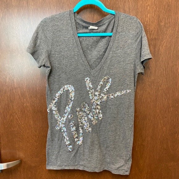 Victoria’s Secret PINK sequin v-neck tee L - Picture 1 of 4